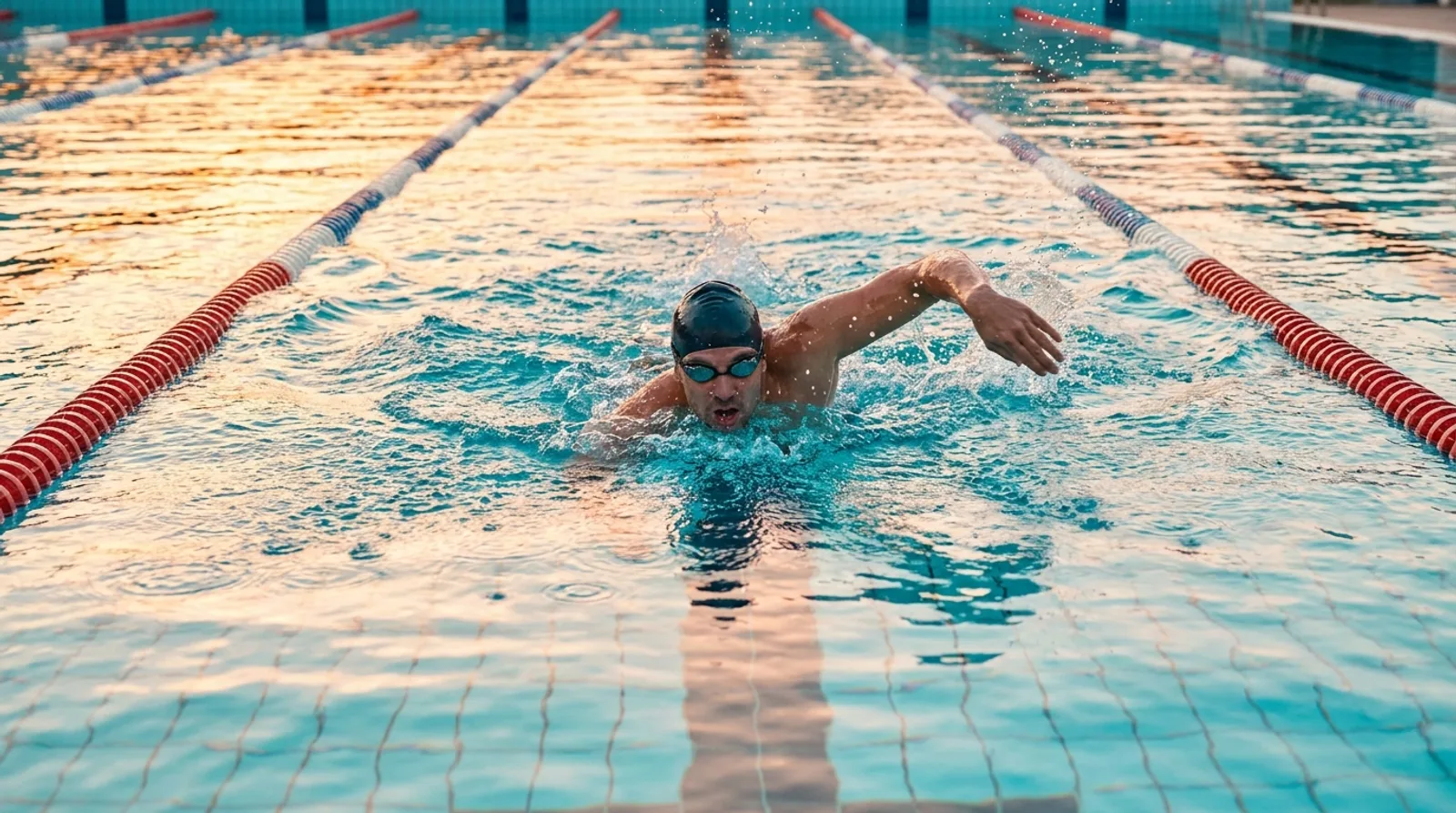 Swimmer mid-stroke in an outdoor lap pool at sunrise